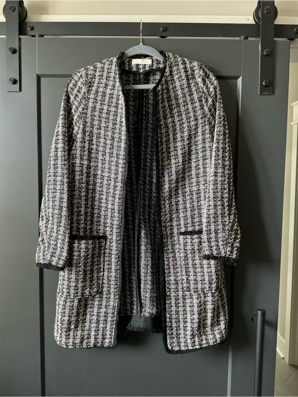 H&M Black & White Tweed With Gold Accent Open Front Coatigan